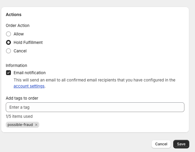 FraudFalcon Rule Actions Interface