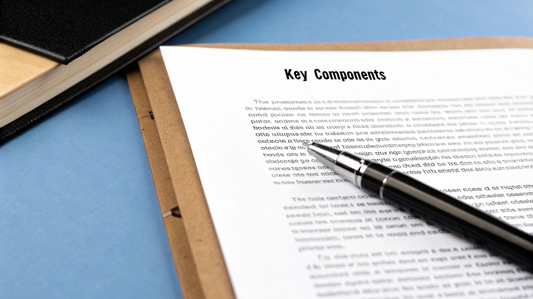 Pen resting on a document outlining the key components of a business proposal