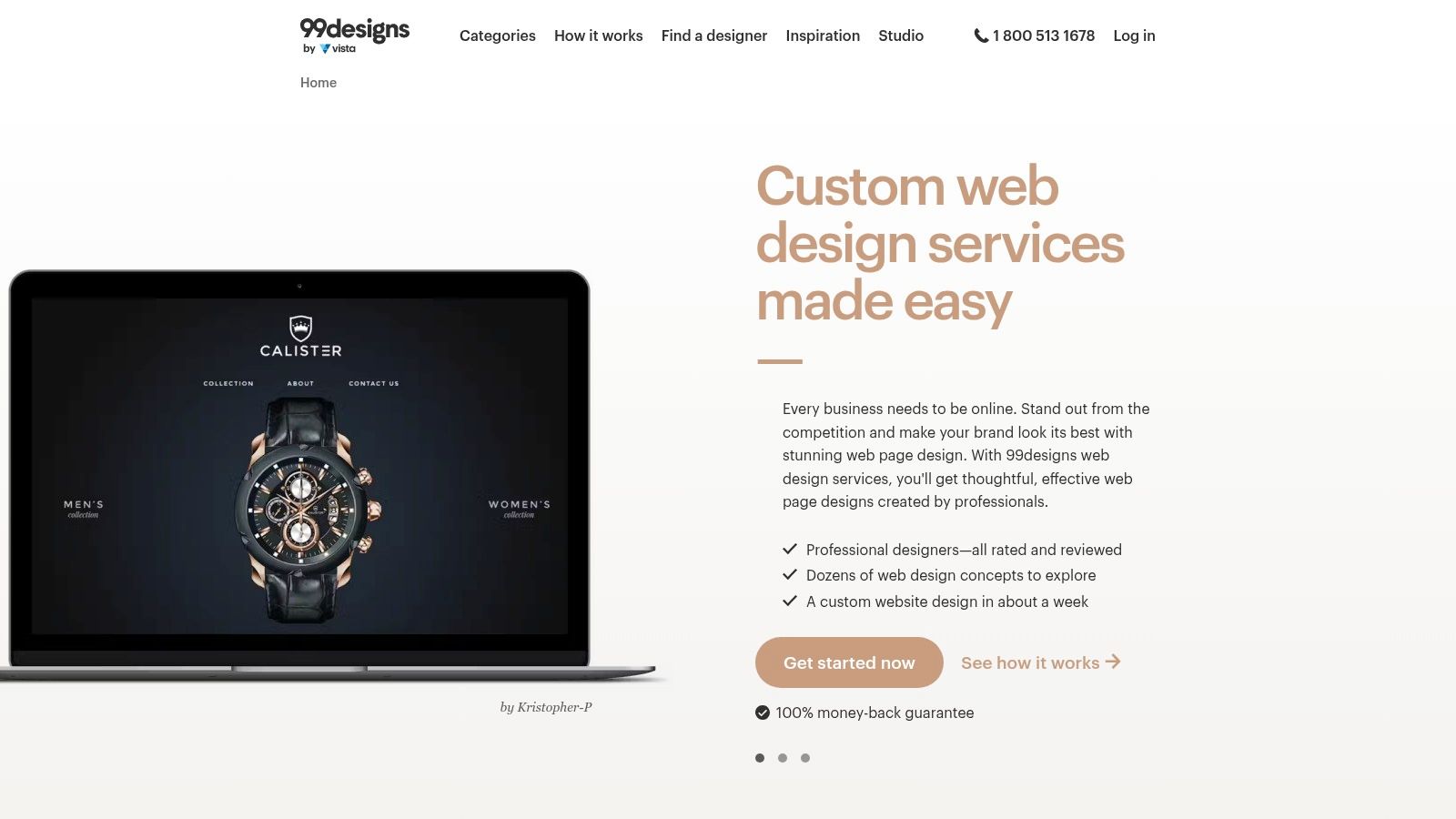 99designs homepage showcasing a custom website design service with real design examples