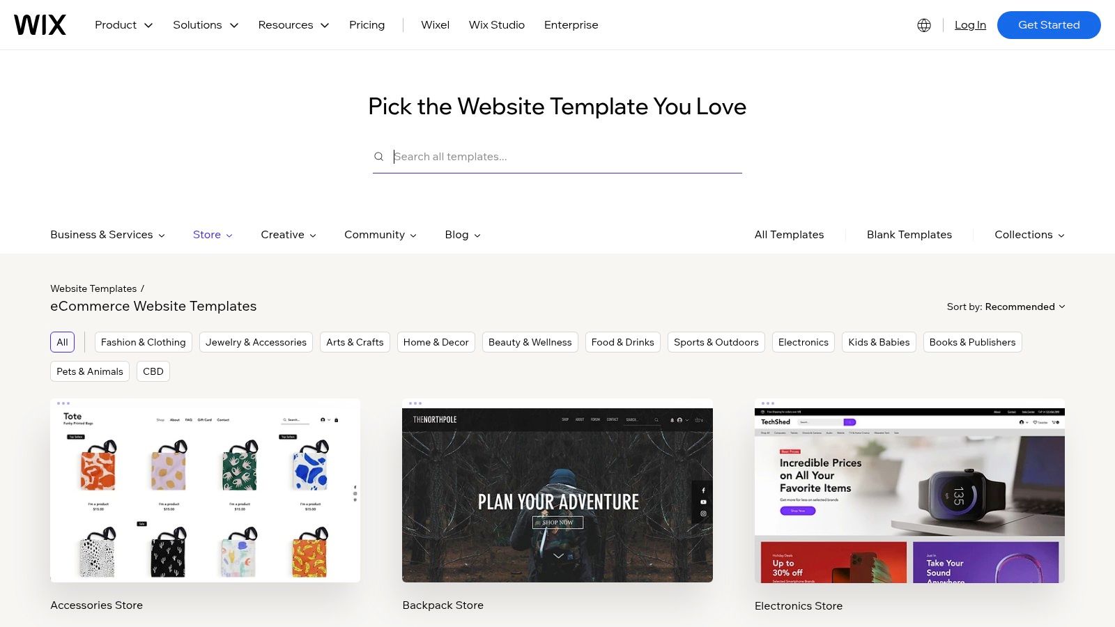 Wix eCommerce template gallery filterable by industry like fashion, electronics, and decor