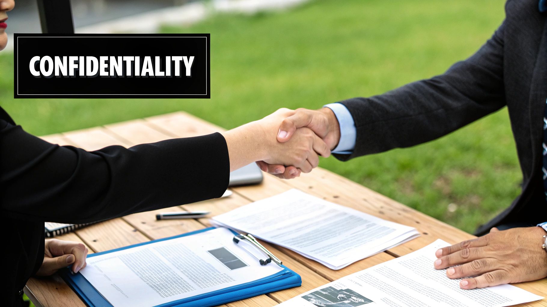 Handshake over signed documents symbolizing a confidentiality agreement, one of several business contract examples