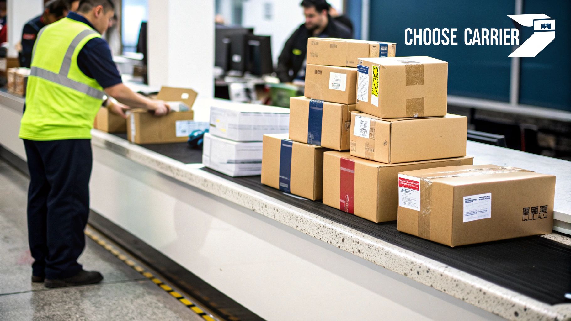 Warehouse worker sorting packages on a conveyor while choosing the cheapest carrier for heavy items
