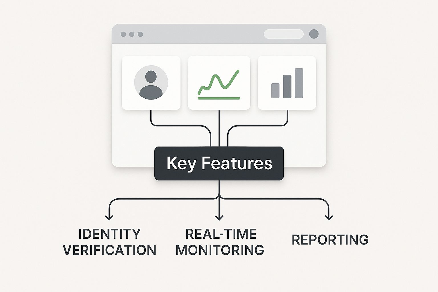 Diagram of identity verification, real-time monitoring, and reporting features in fraud detection software