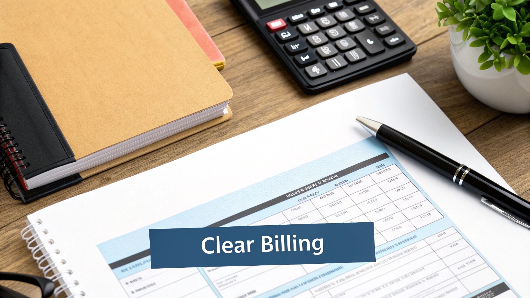 Invoice, calculator, and pen on a desk representing clear billing to help reduce chargebacks