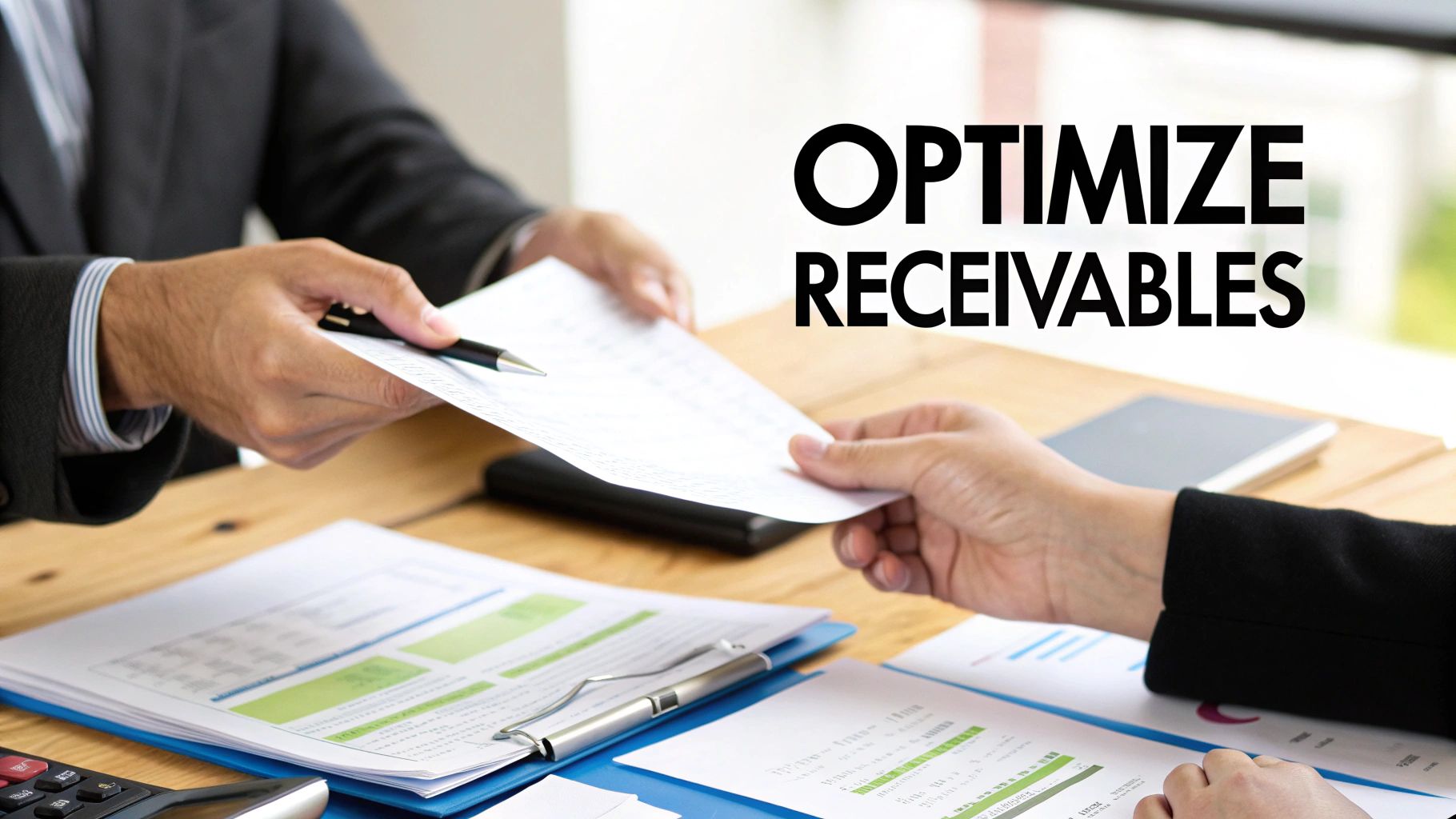 Business partners exchanging invoices to optimize receivables as part of cash flow management