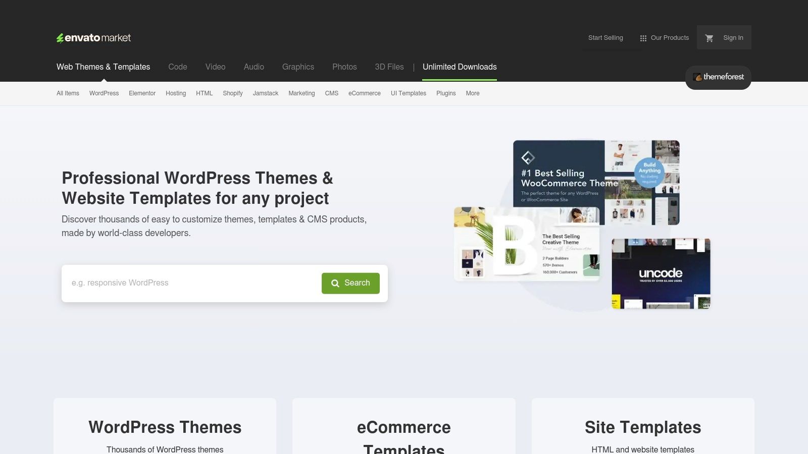 ThemeForest marketplace homepage showing thousands of WordPress and Shopify theme templates
