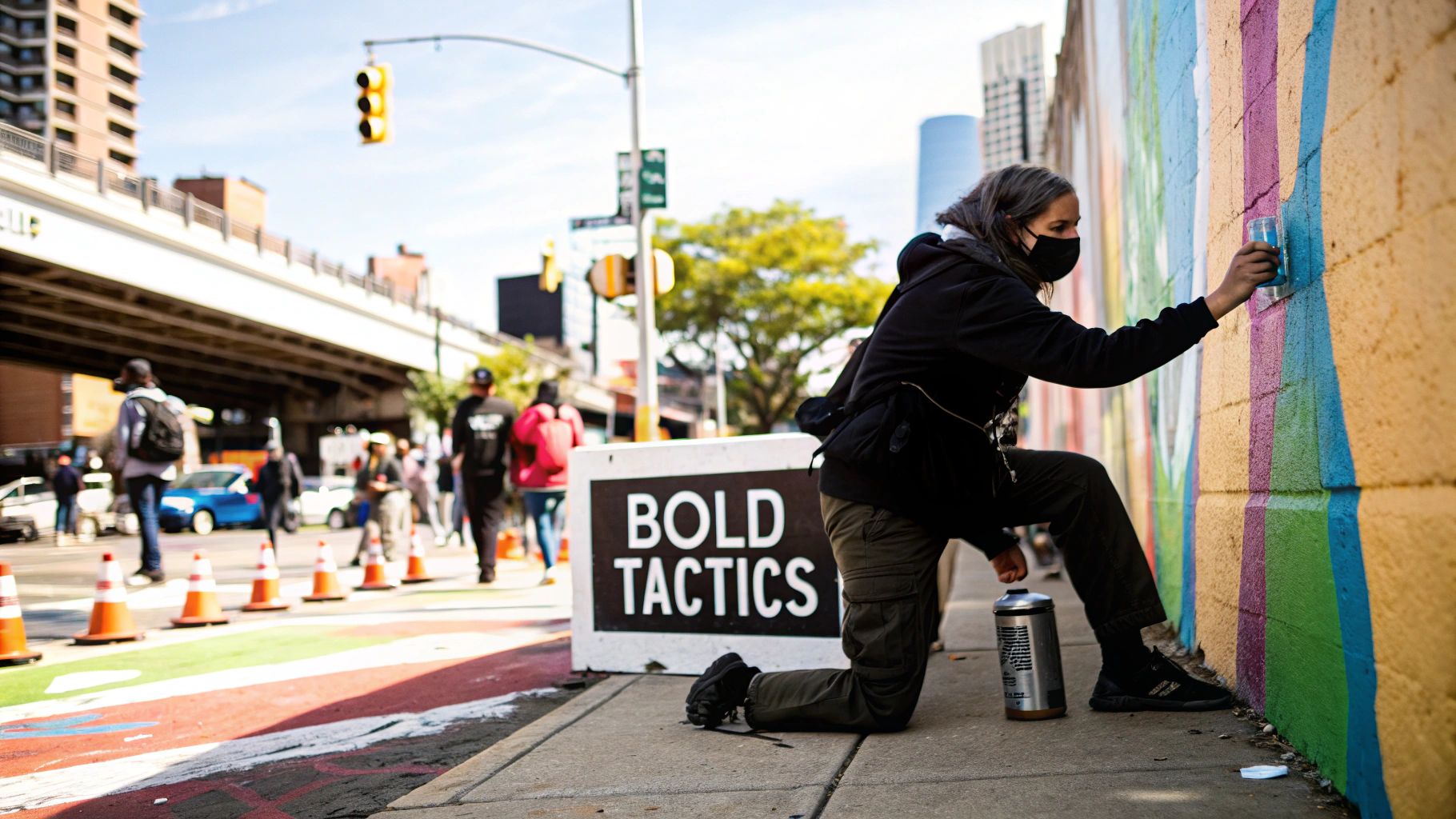 Street artist painting a bold mural, a creative guerrilla advertising idea for small business owners