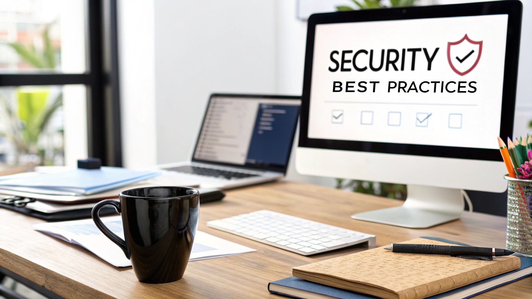 Desk setup showing a security best practices checklist for daily use of a Shopify security app