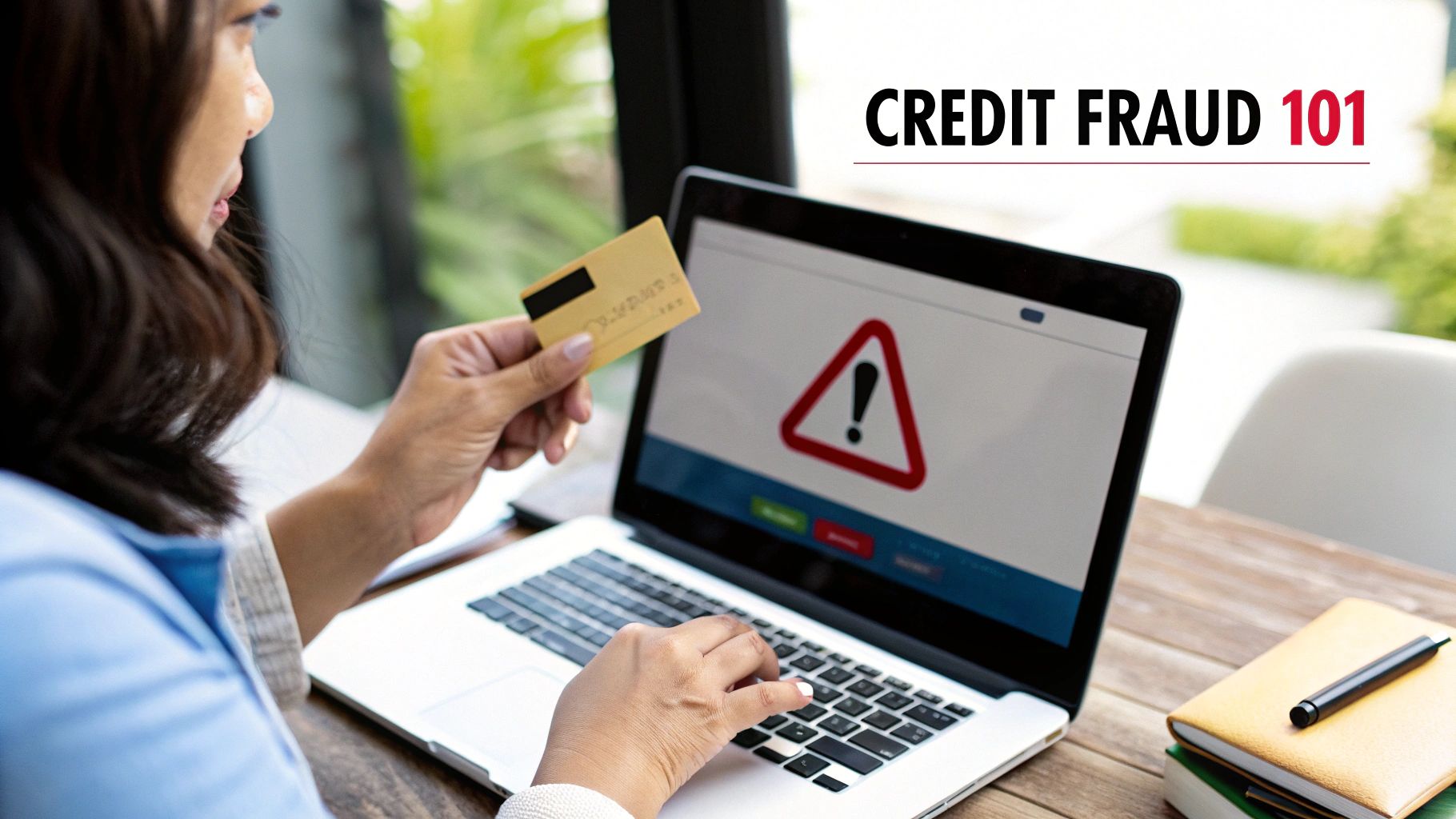 Shopper holding a credit card next to a fraud warning alert on a laptop screen