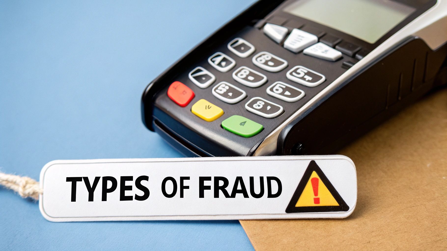 Card payment terminal with a types of fraud warning tag, symbolizing custom Shopify fraud protection rules
