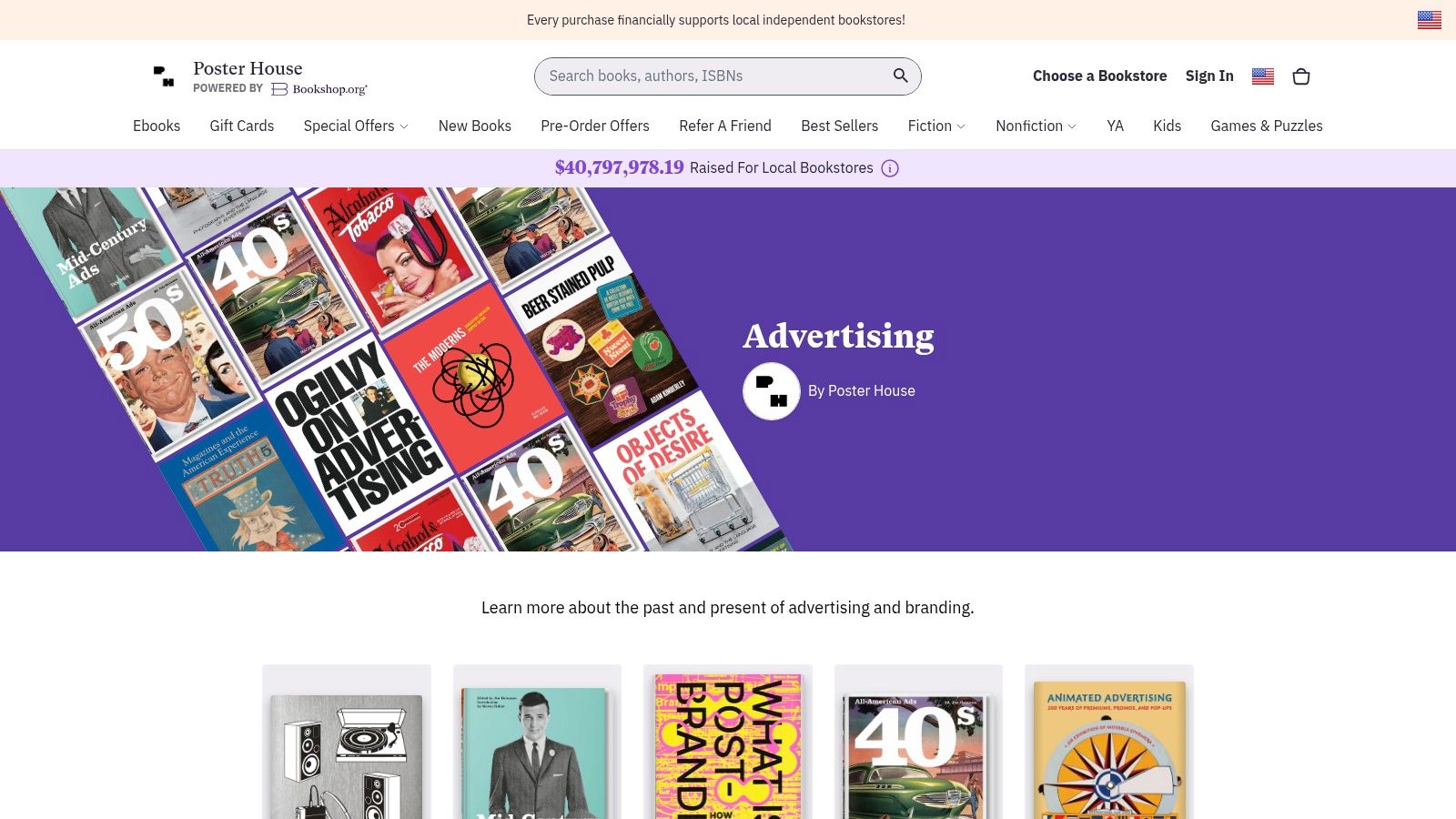 Bookshop.org's Advertising collection page featuring classic ad and branding books