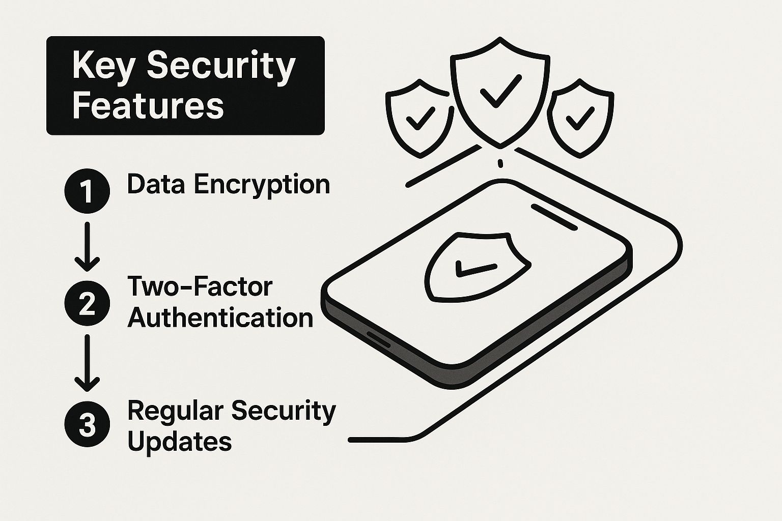 Graphic listing key security features like encryption and two-factor authentication in a Shopify security app