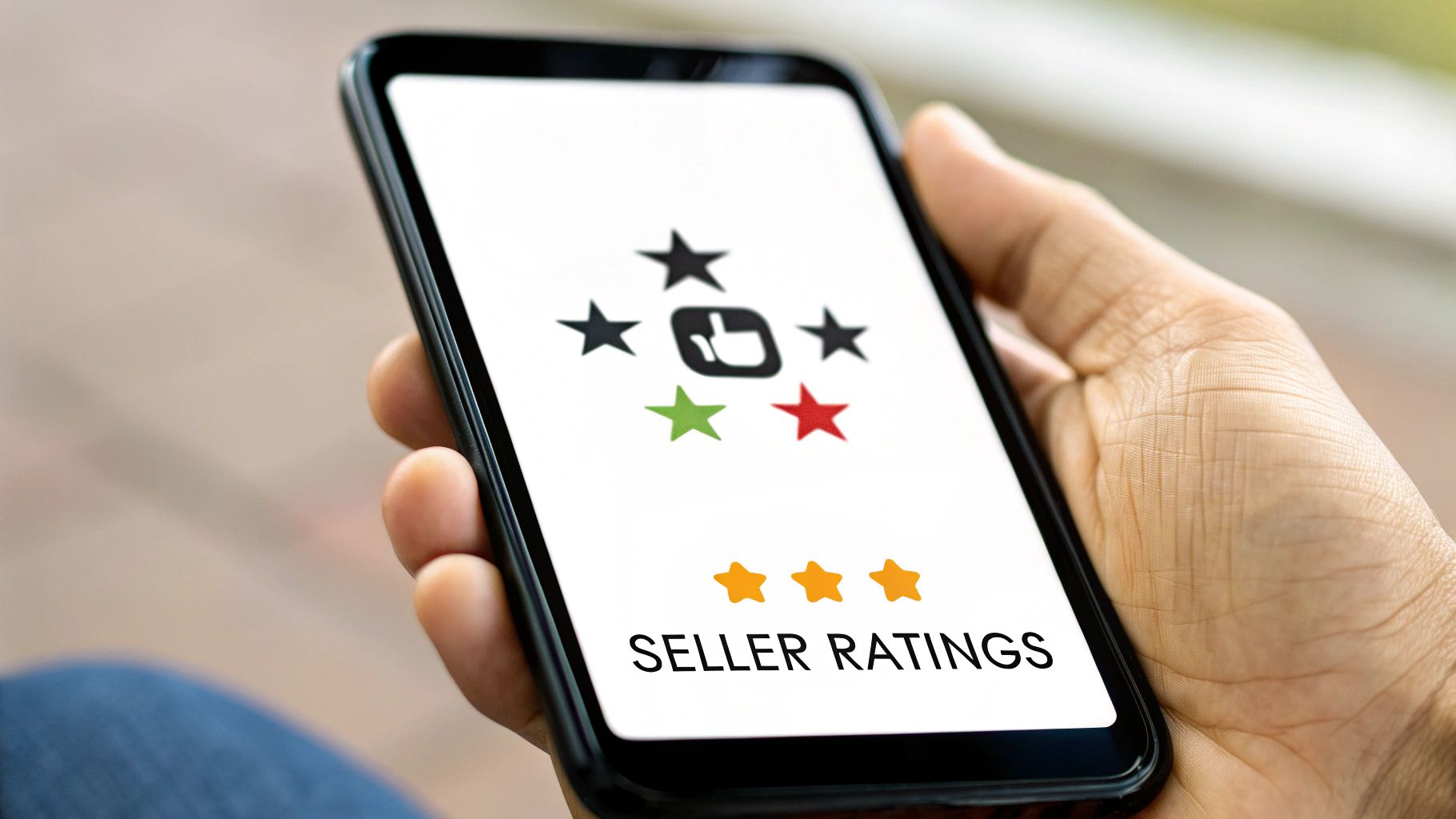 Phone displaying AliExpress seller star ratings used to vet trustworthy suppliers