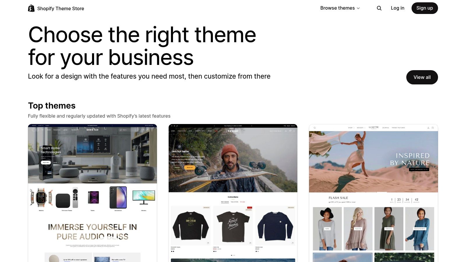 Shopify Theme Store homepage showing curated themes, a top source for the best ecommerce website design