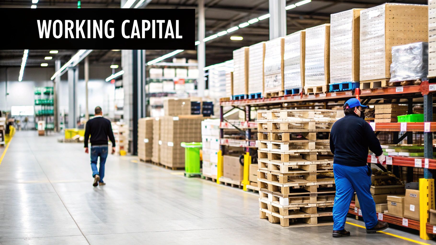 Warehouse workers managing inventory pallets for a working capital cash flow projection example