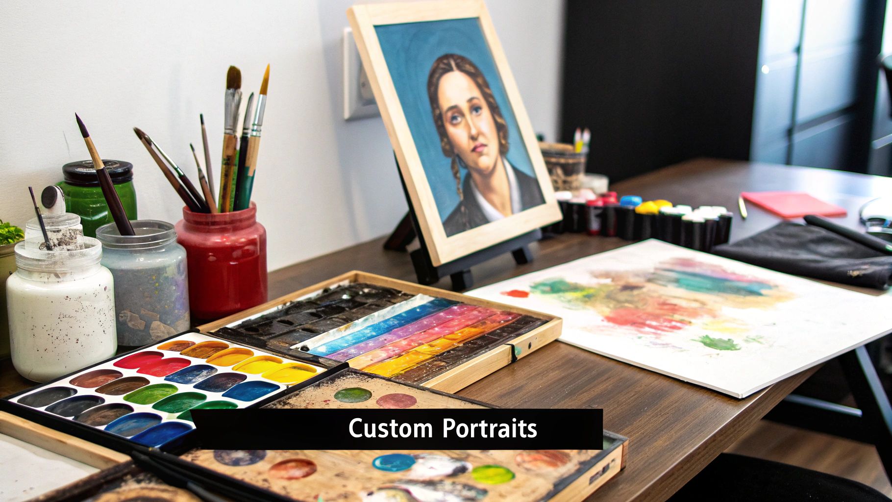 Custom portrait painting on an easel, showcasing one of the top art business ideas