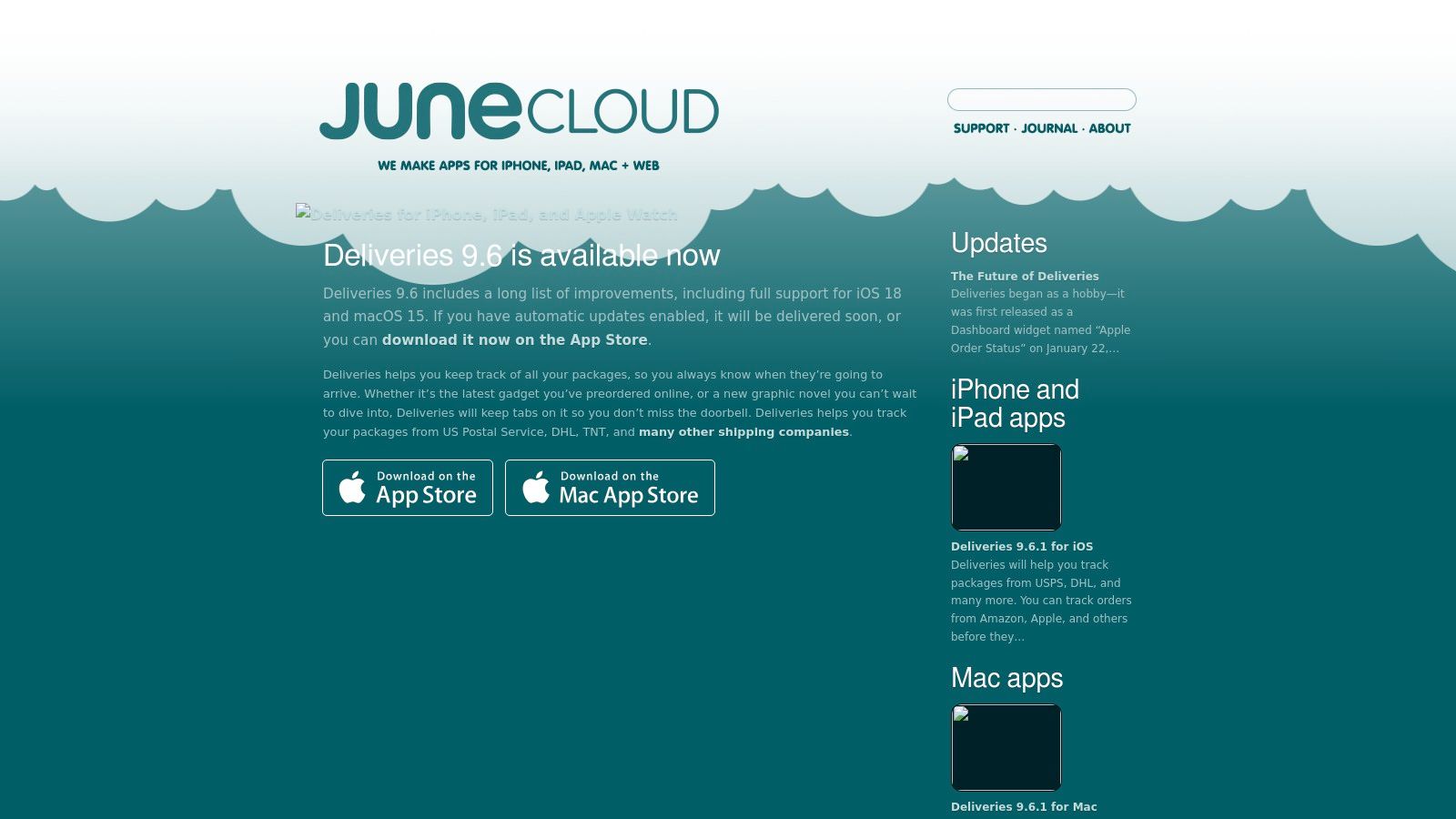 Junecloud's Deliveries app page, a package tracking app built for the Apple ecosystem