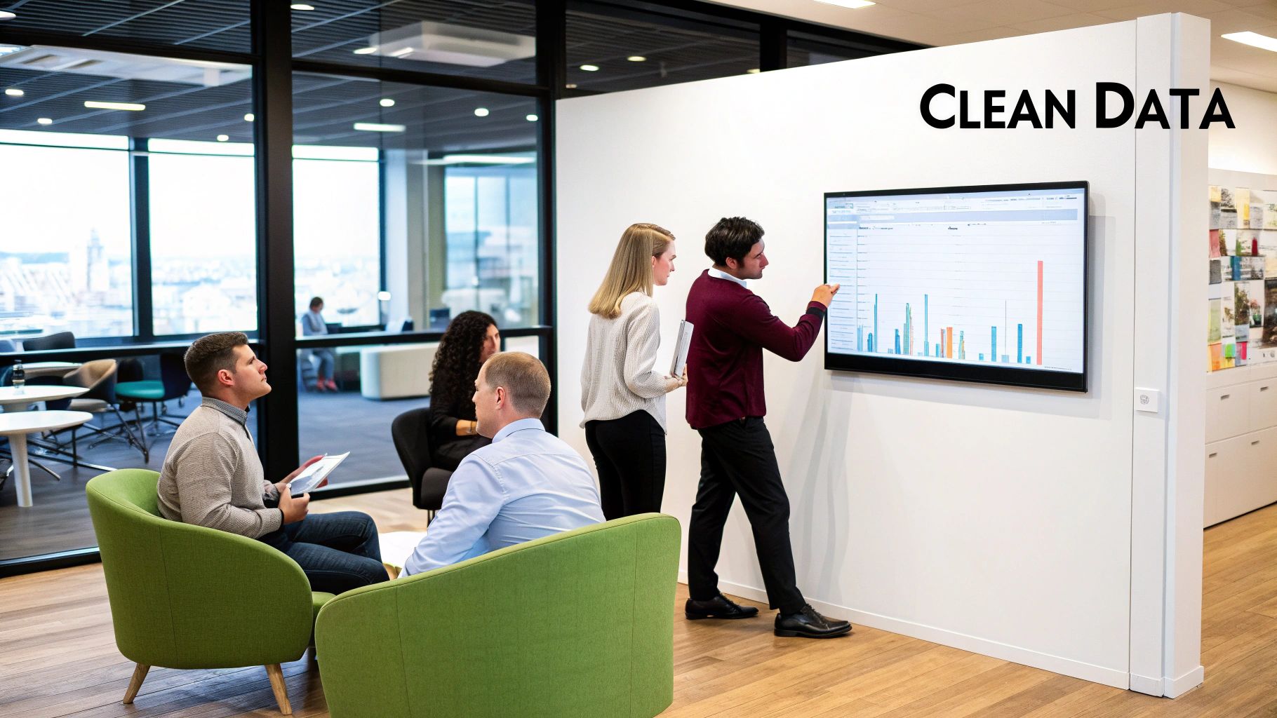 Team analyzing clean transaction data on a screen for machine learning fraud detection