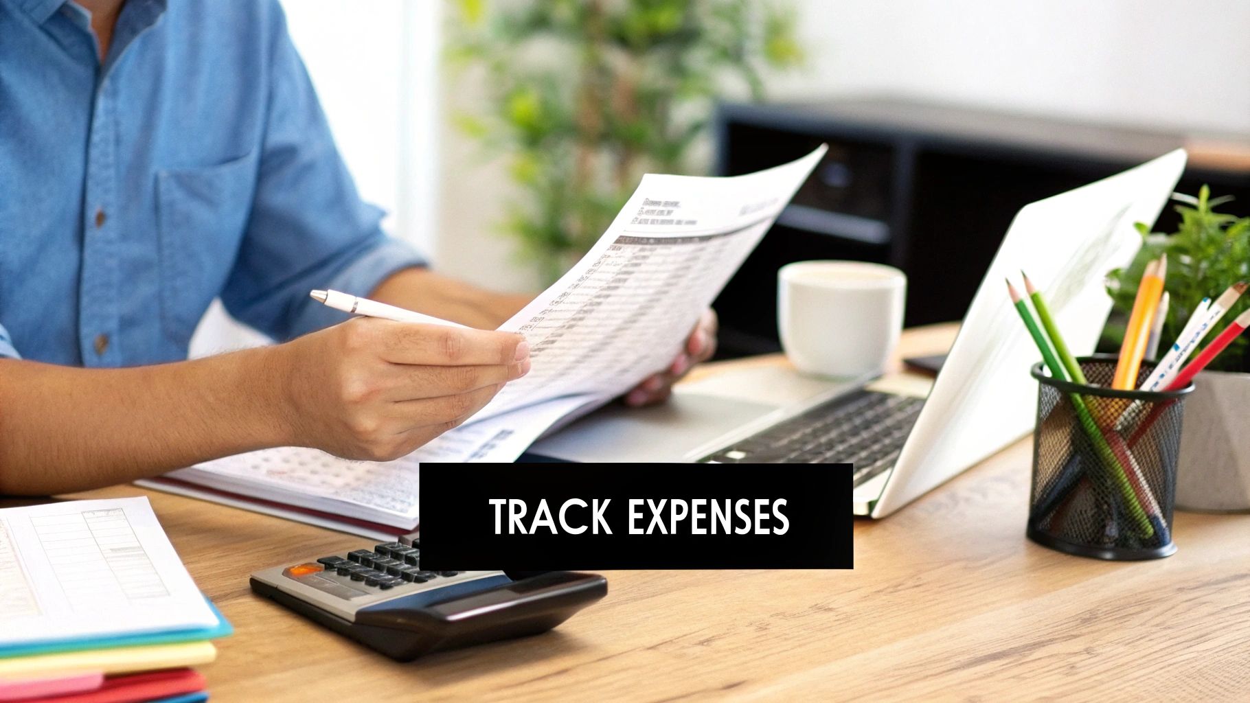 Business owner reviewing receipts and reports while tracking expenses for a Shopify store