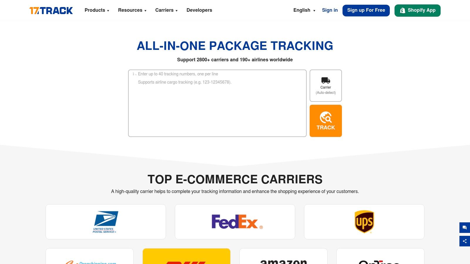 17TRACK homepage highlighting all-in-one package tracking across 2,800+ global carriers