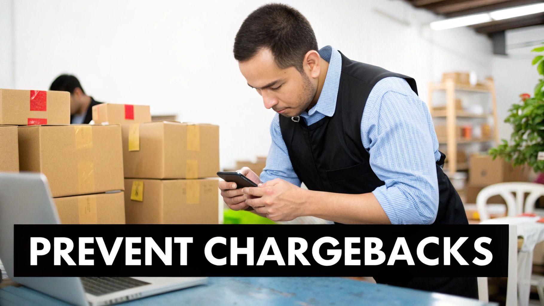 Merchant checking order details on a phone among shipping boxes to prevent chargebacks