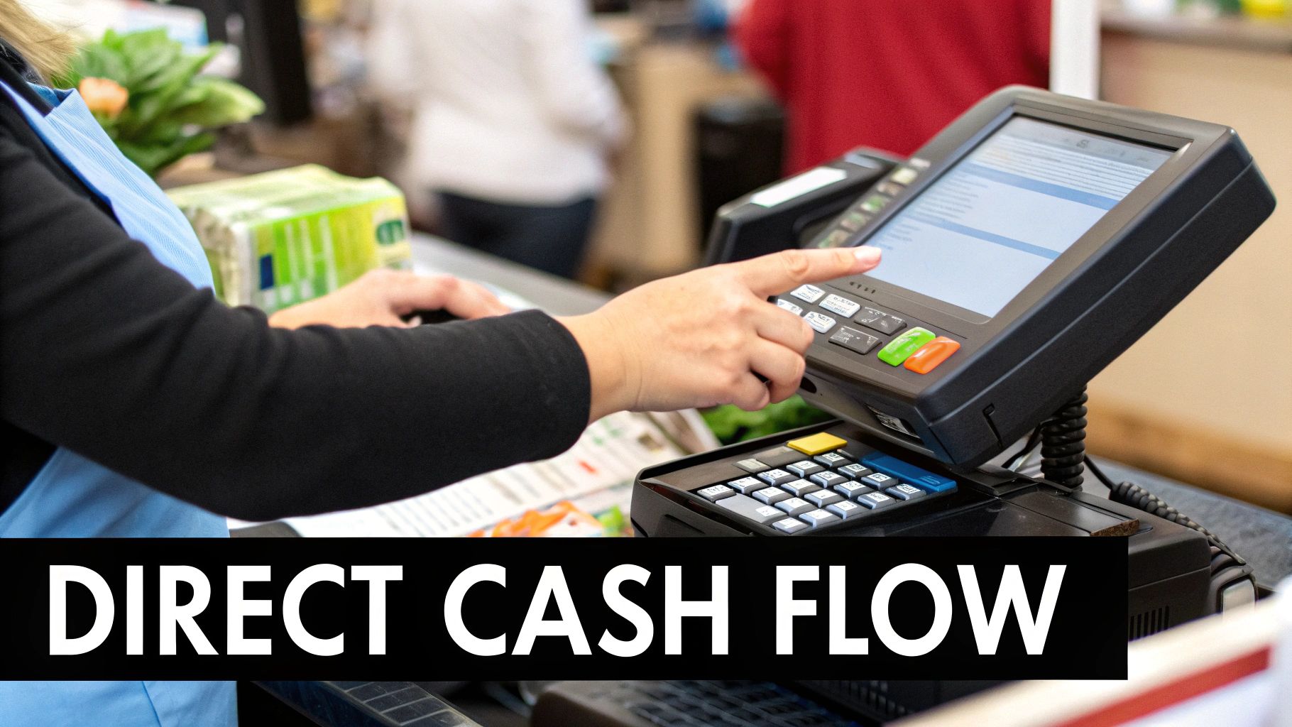 Cashier processing a sale at checkout, illustrating a direct method cash flow projection example