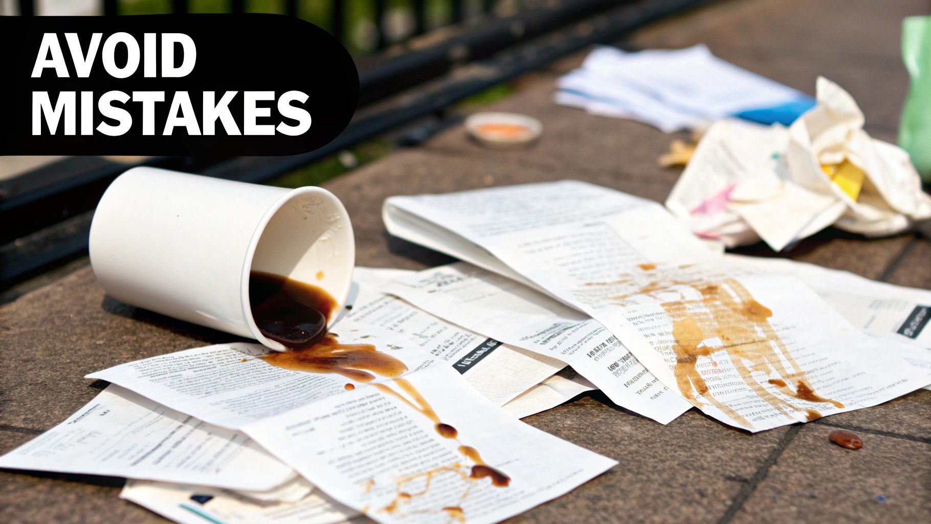 Spilled coffee ruining paper receipts, a reminder to avoid business expense tracking mistakes