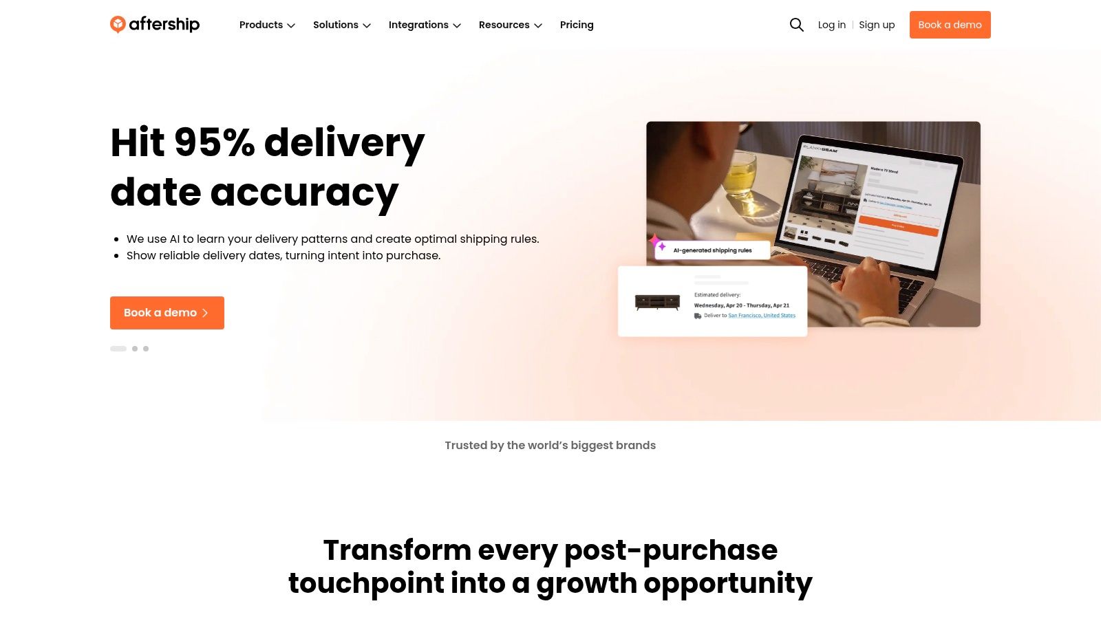 AfterShip homepage showcasing its branded tracking page and AI-powered delivery date accuracy