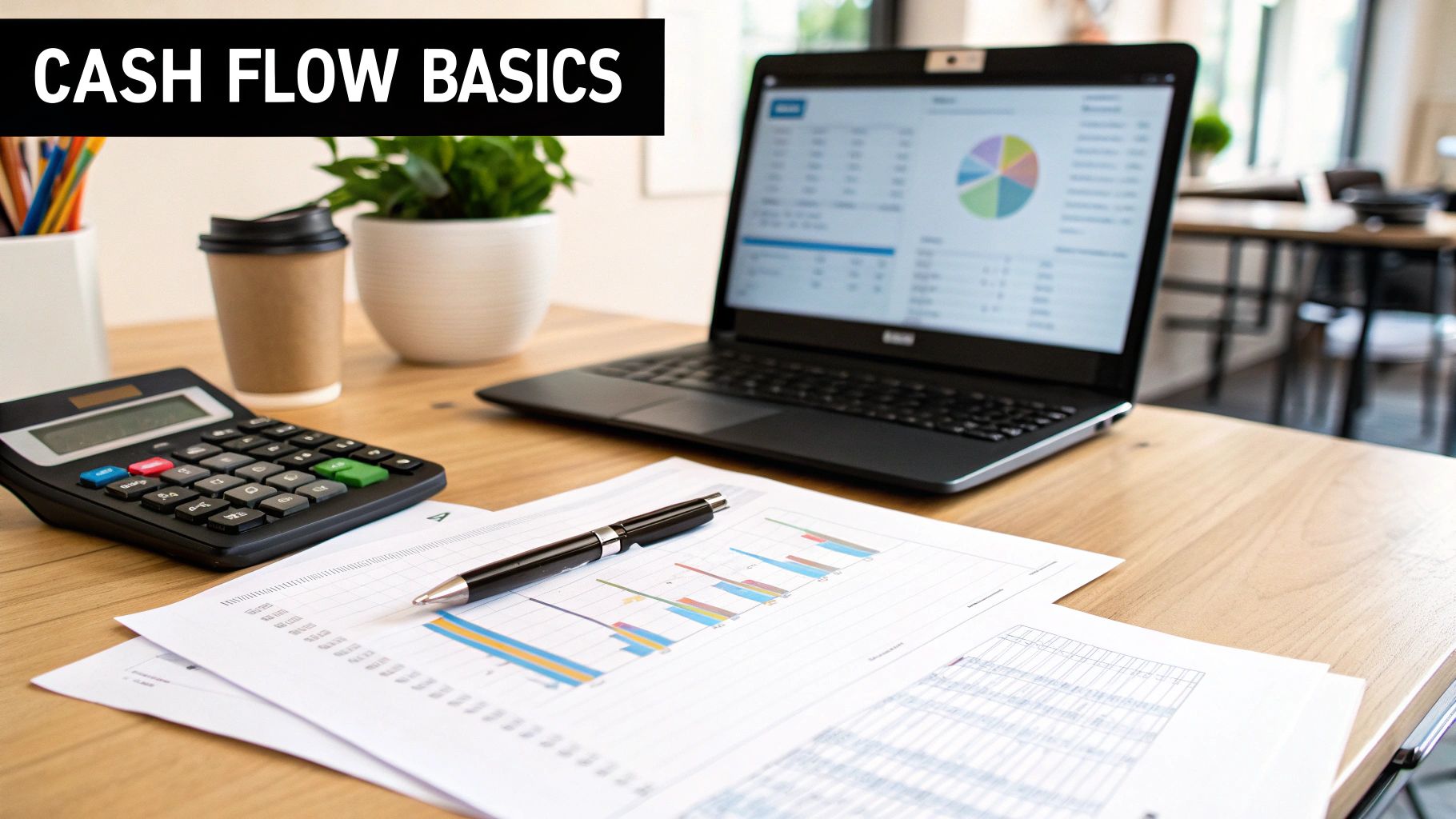 Laptop and financial reports on a desk illustrating cash flow management basics