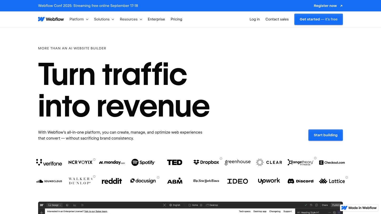 Webflow homepage promoting its website builder platform for turning traffic into revenue