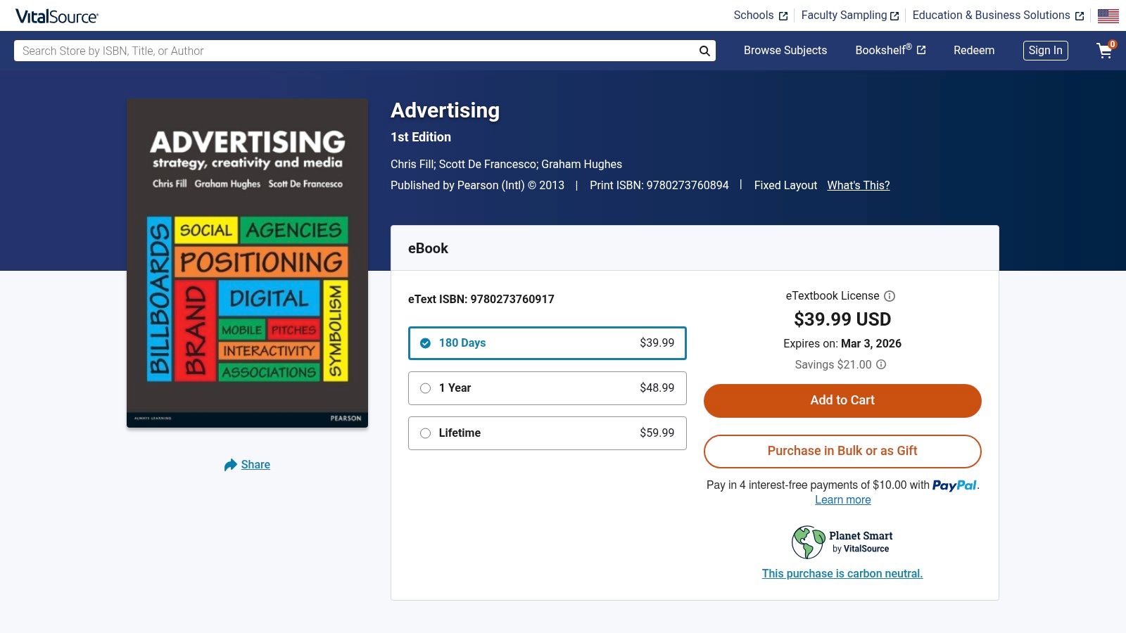 VitalSource product page for the Advertising textbook by Chris Fill and Graham Hughes