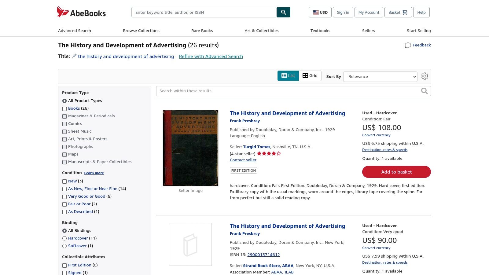 AbeBooks search results for The History and Development of Advertising, a classic text