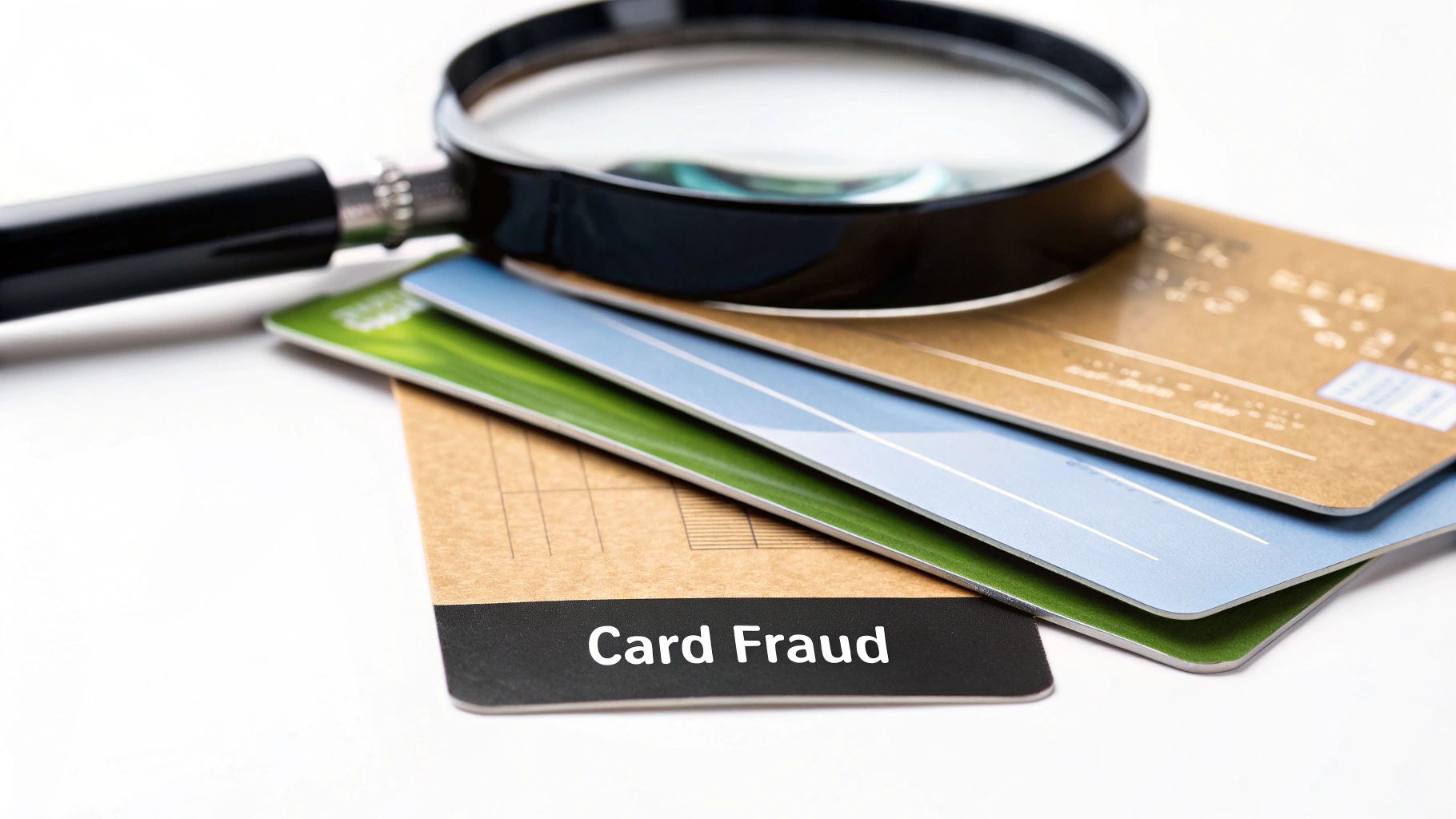Magnifying glass inspecting credit cards labeled card fraud, highlighting risks of default Shopify settings