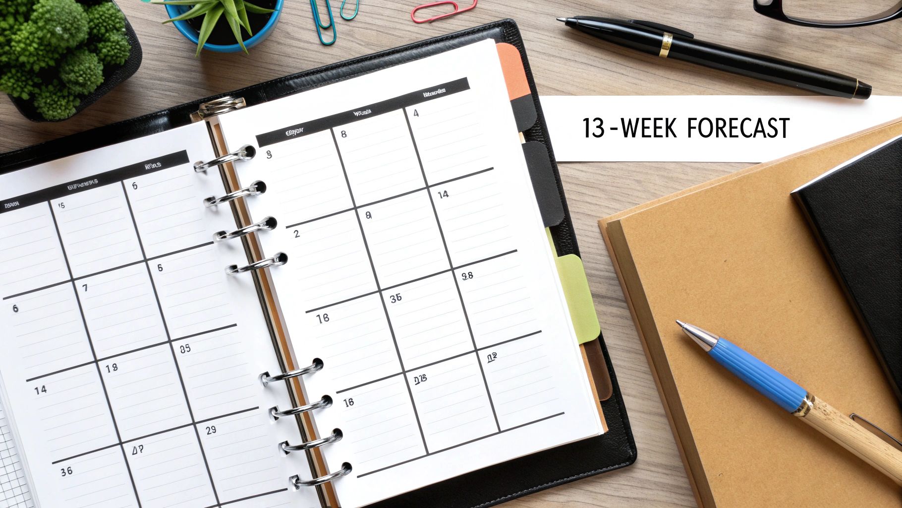 Weekly planner labeled 13-week forecast for a rolling cash flow projection example