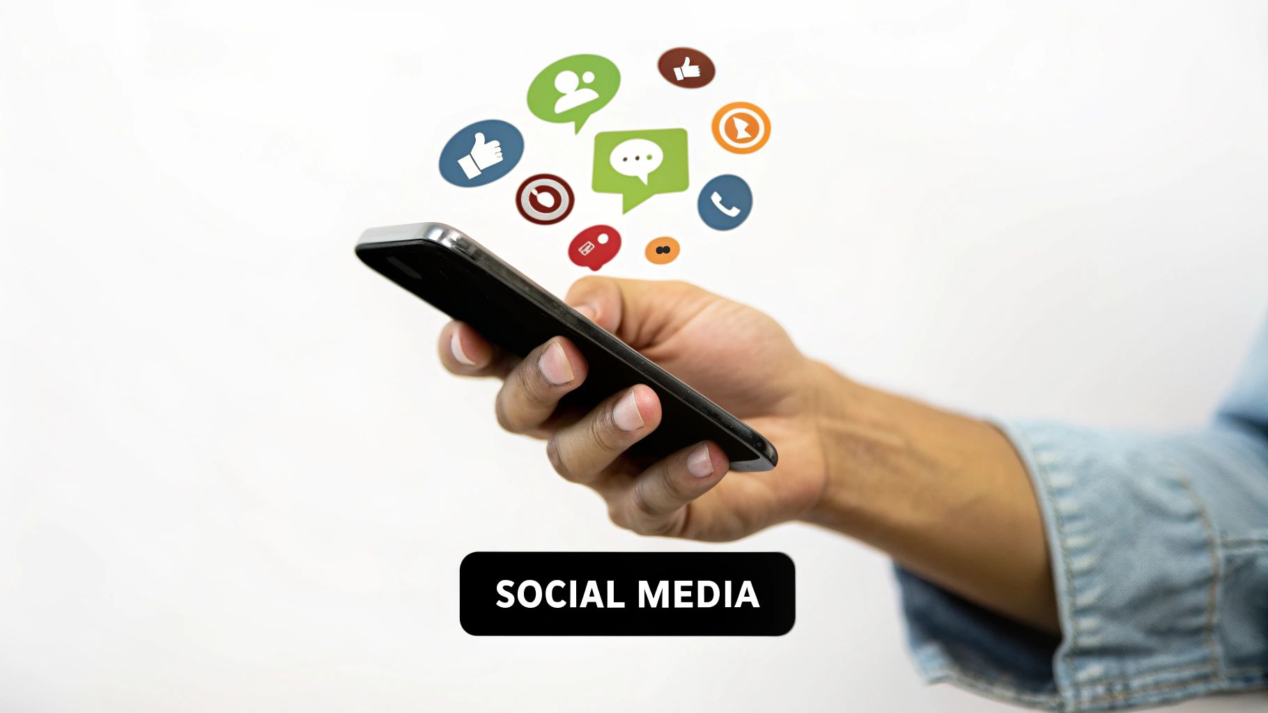 Smartphone with social media icons floating above it, one of the best ways to promote your business