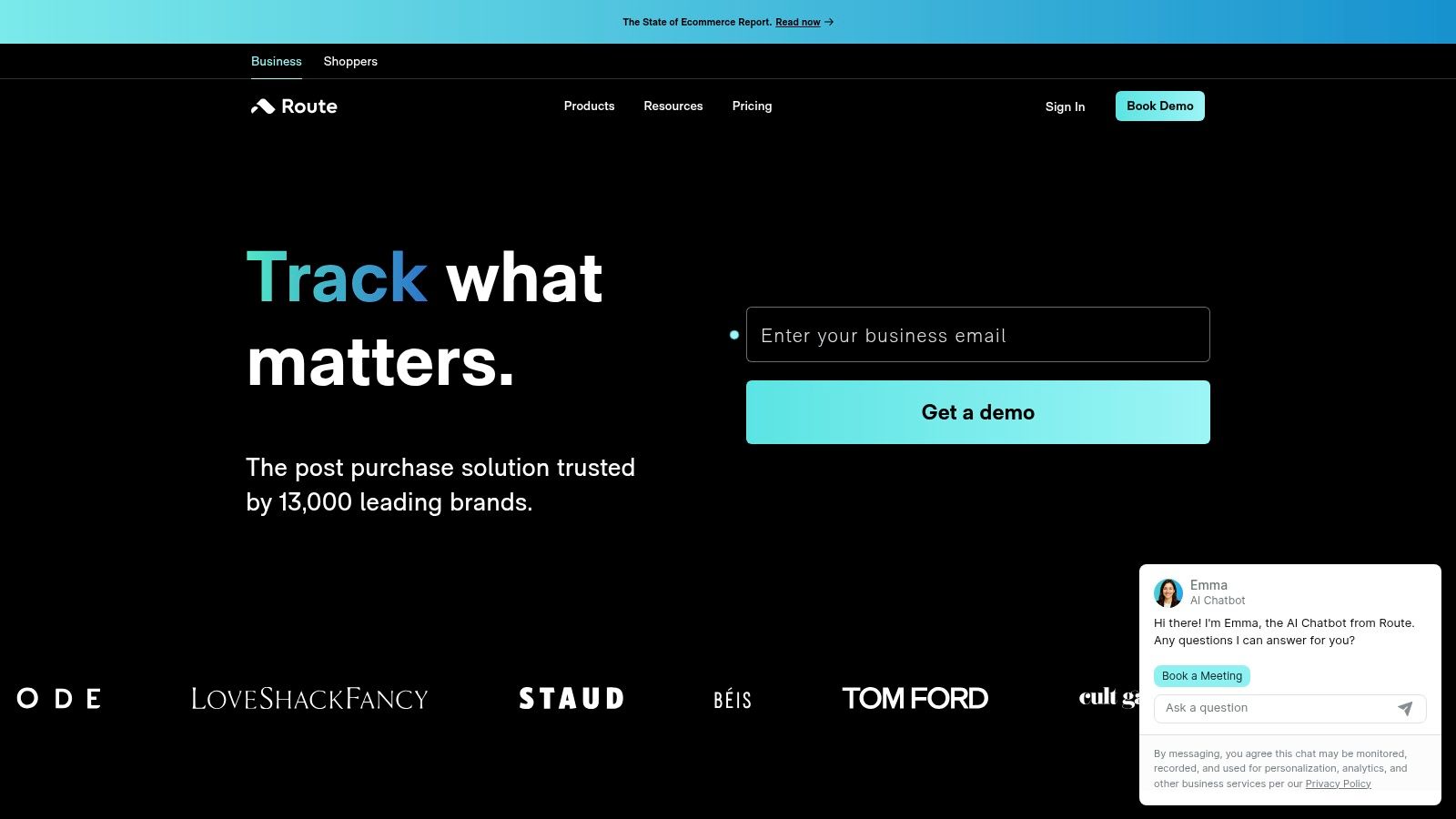 Route homepage promoting its post-purchase tracking and order protection platform