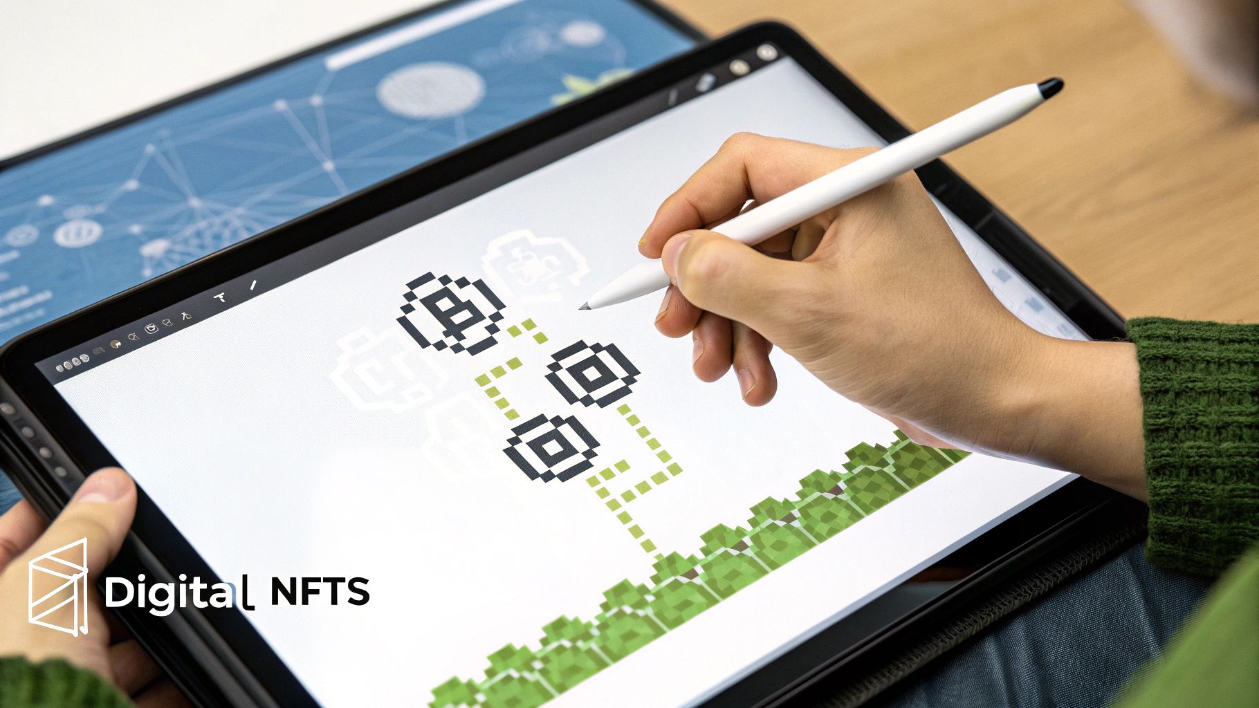 Artist creating pixel art NFTs on a tablet, one of the most modern art business ideas