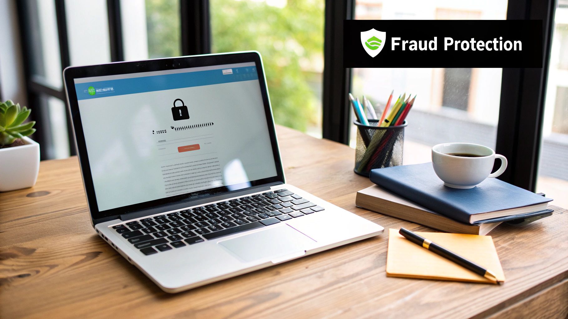 Laptop on a desk showing a fraud protection lock icon, illustrating Shopify's order risk analysis