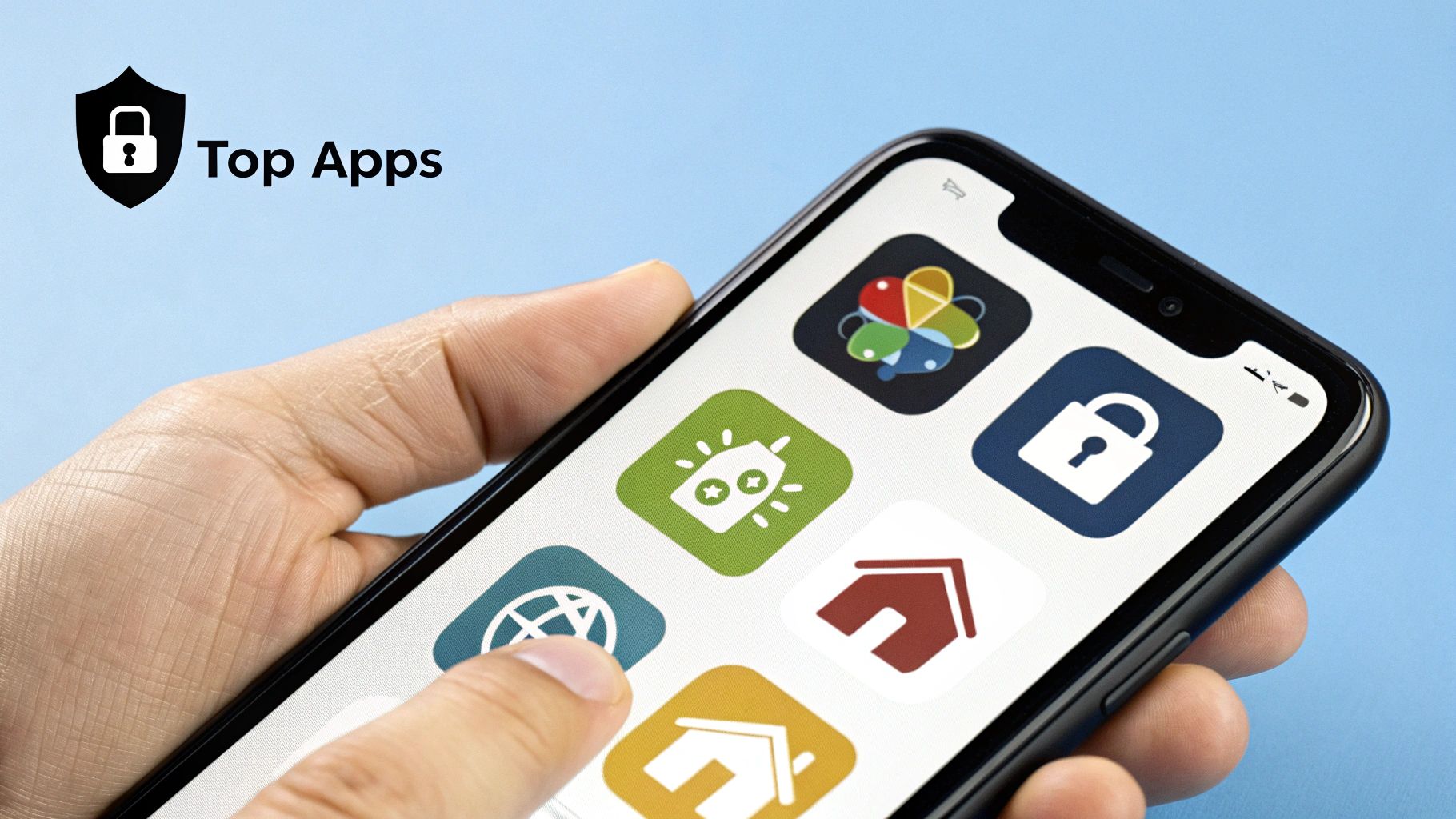 Hand holding a phone with security app icons while choosing the right fraud protection Shopify app