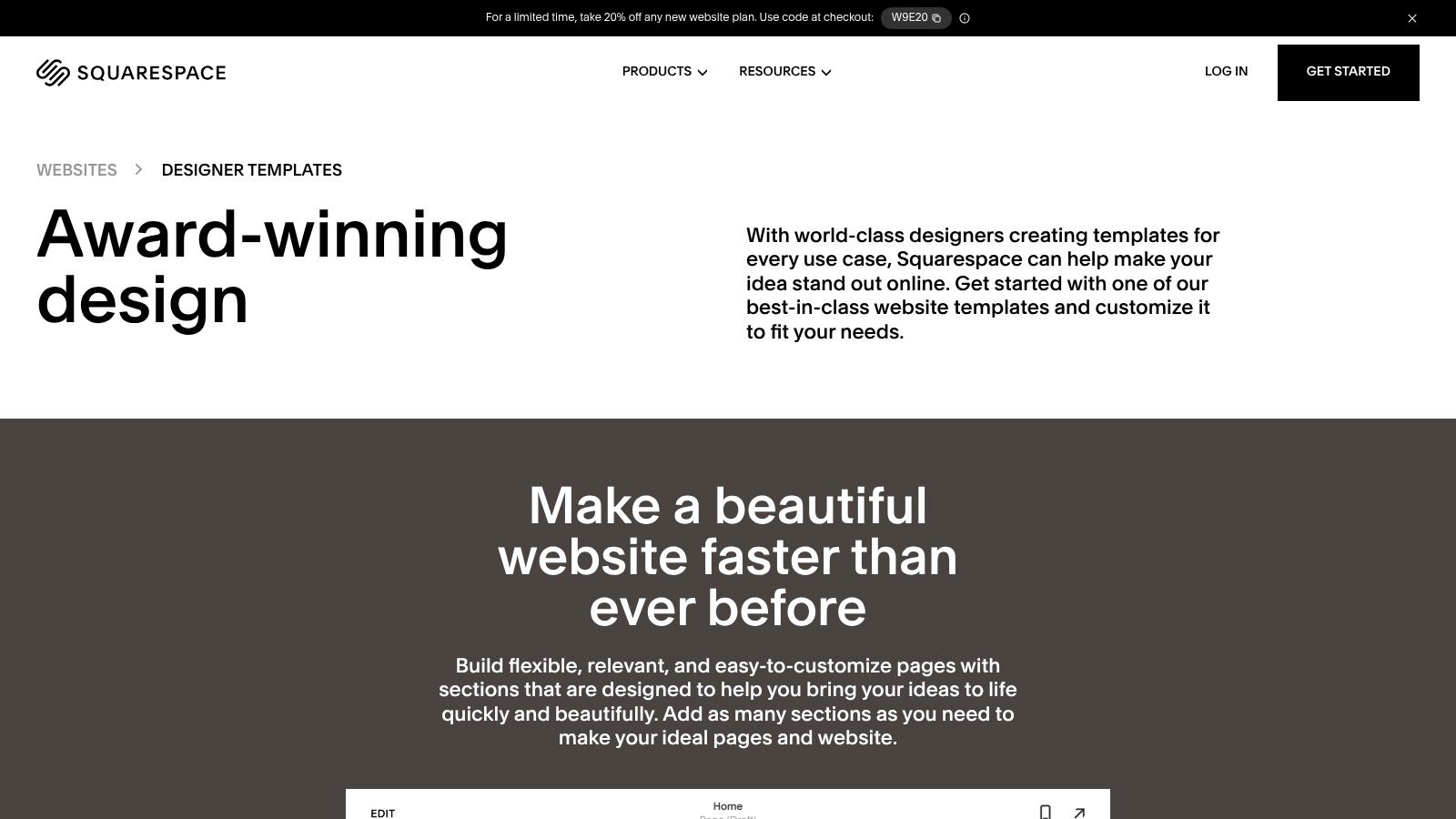 Squarespace's award-winning designer templates page for building a polished ecommerce site