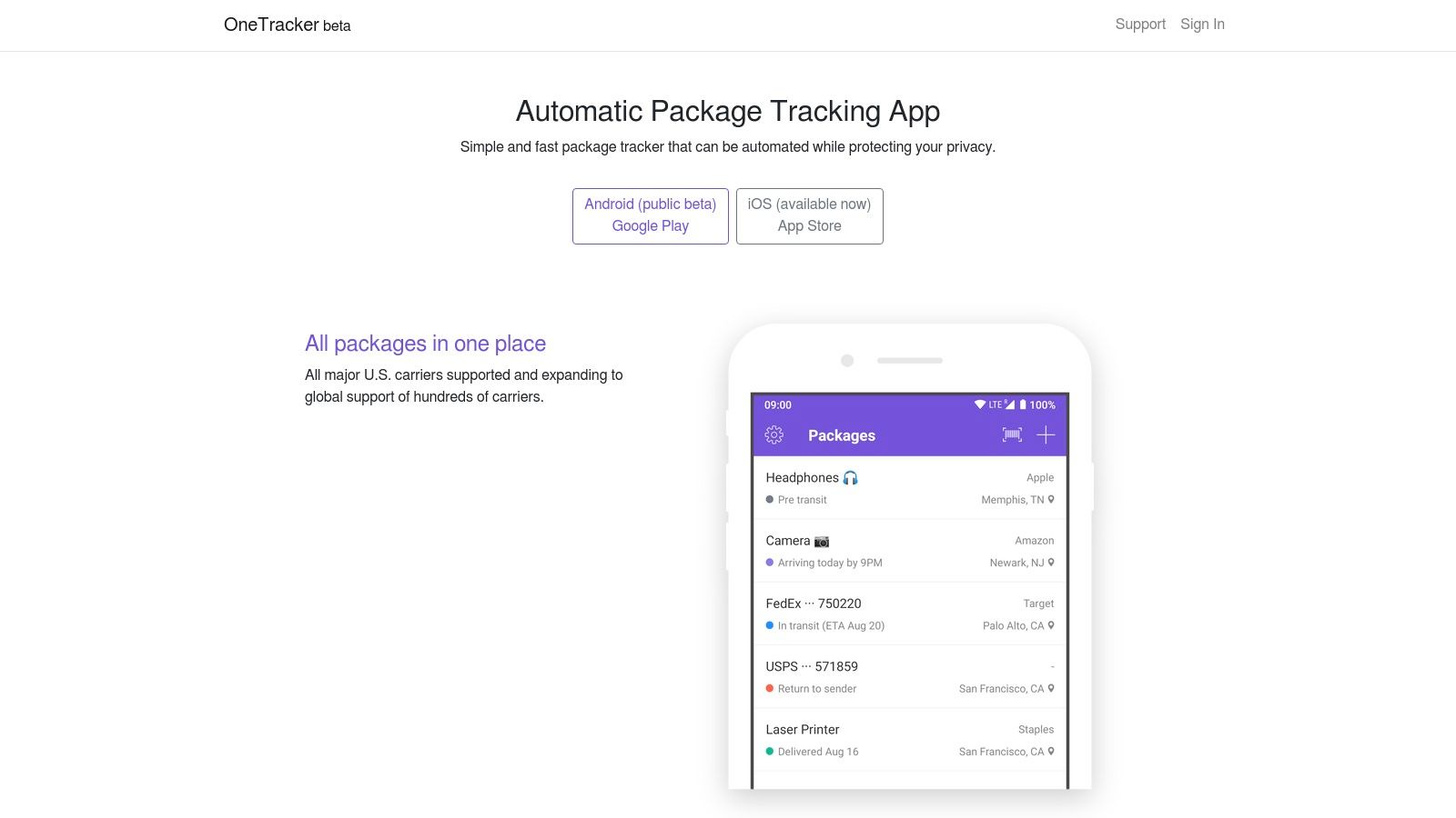 OneTracker app screen listing tracked packages, a privacy-first package tracking app