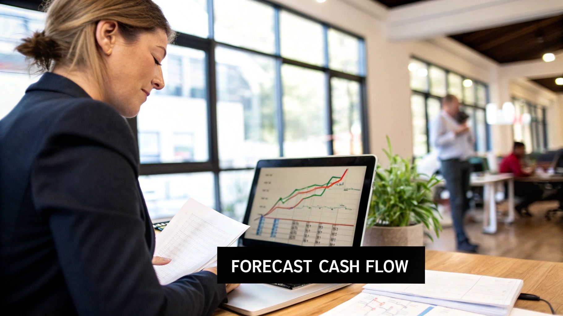 Business owner reviewing a cash flow forecast chart to plan cash flow management strategies
