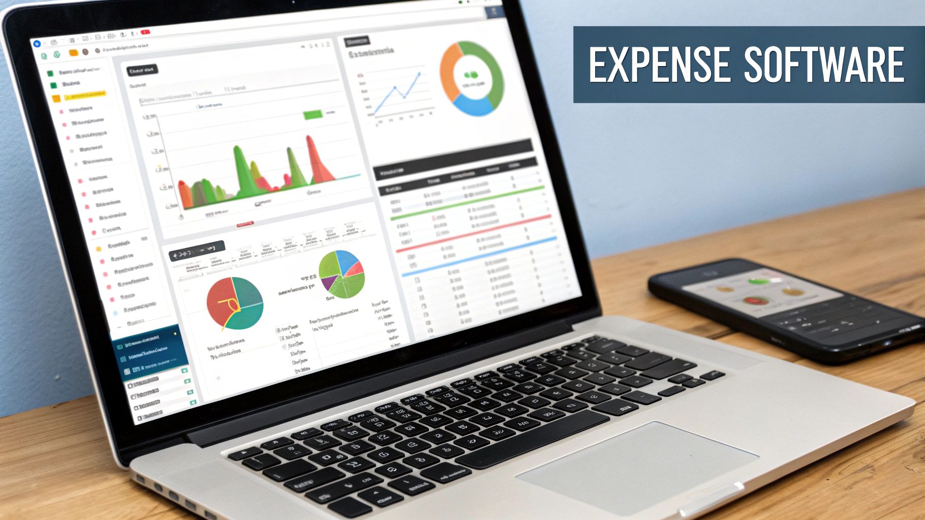 Business expense tracking software dashboard with charts and reports on a laptop screen