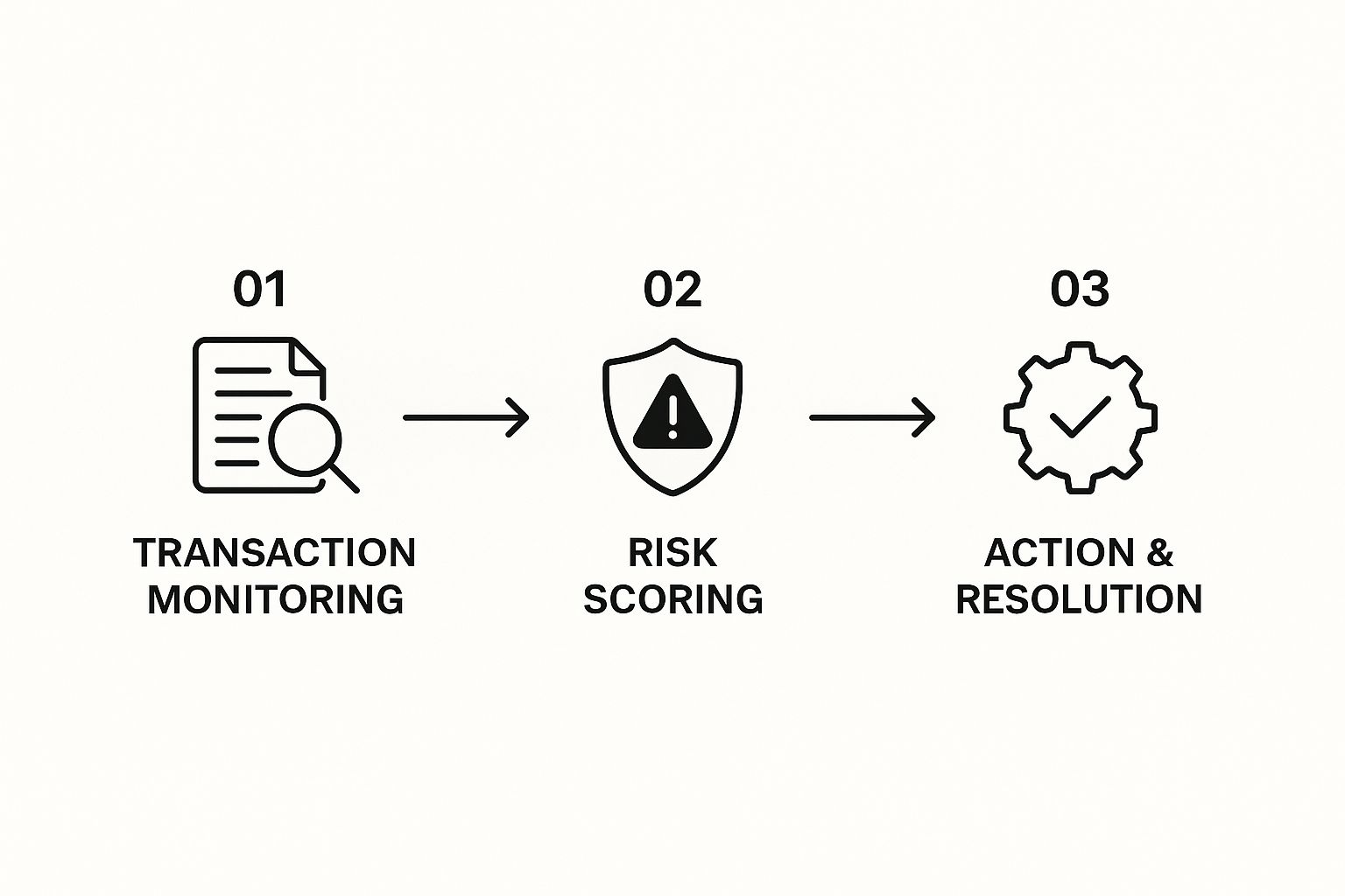 Diagram of transaction monitoring, risk scoring, and action steps in shopify payments fraud protection automation