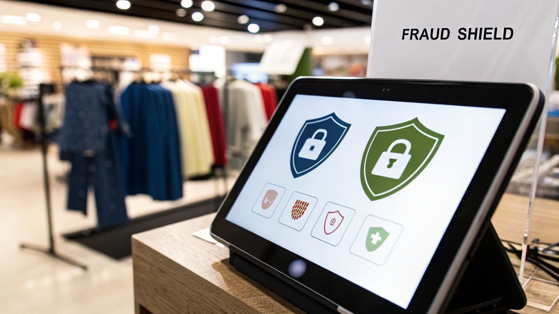 In-store display of fraud shield security icons representing shopify payments fraud protection
