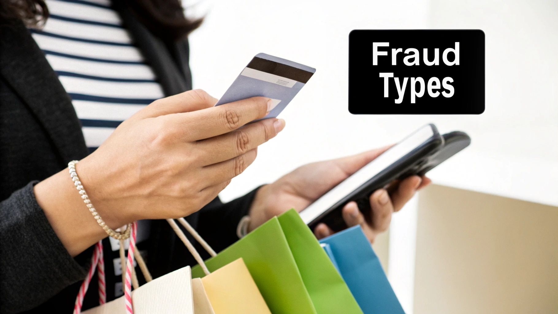 Shopper holding a credit card and bags, illustrating common fraud types in ecommerce fraud prevention