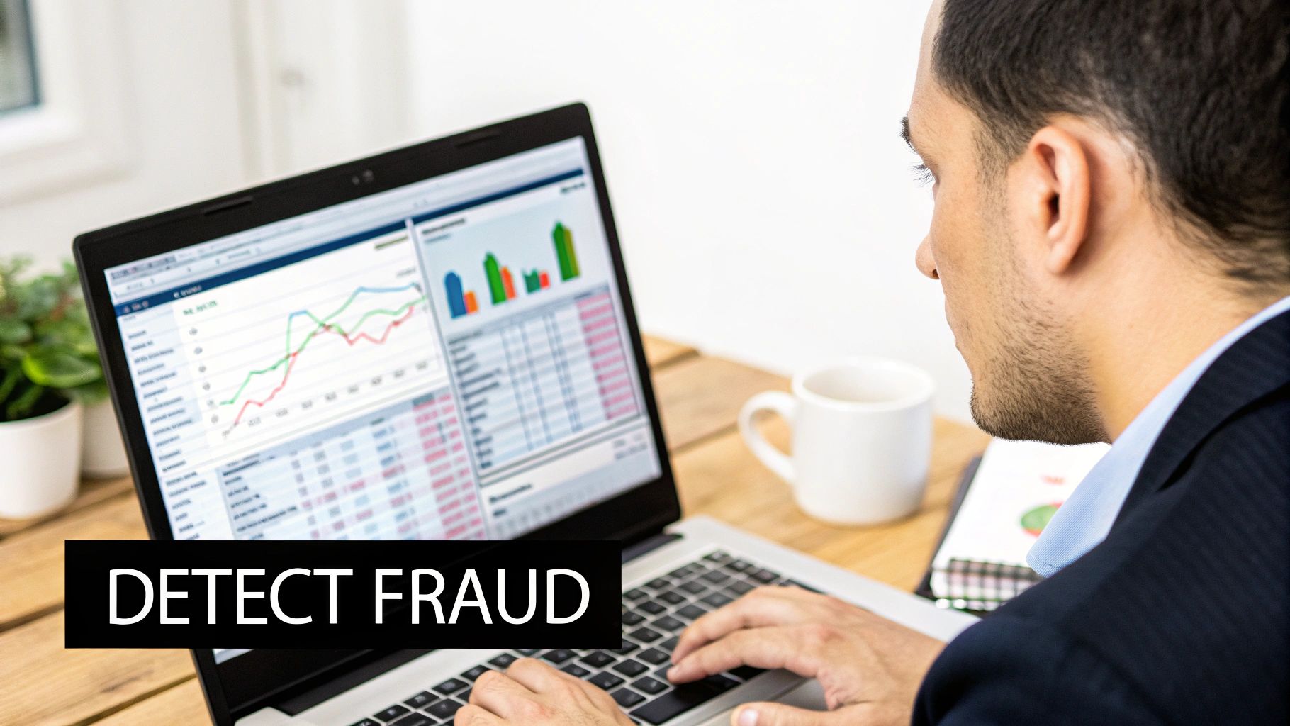 Shopify merchant reviewing fraud detection dashboard charts on a laptop
