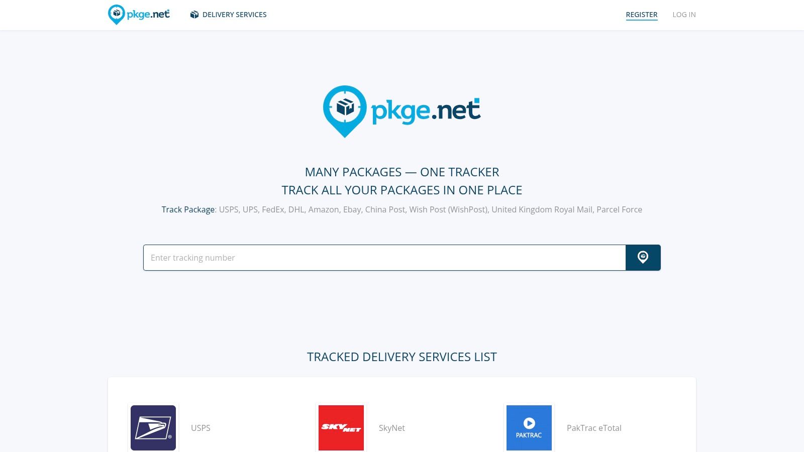PKGE.net homepage showing its all-in-one package tracking dashboard for merchants