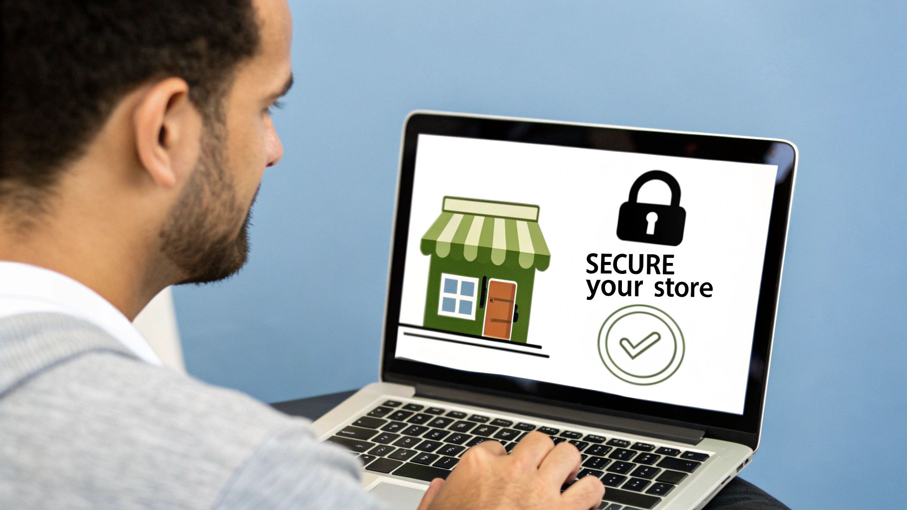 Laptop displaying a secure your store screen, representing a dedicated Shopify security app