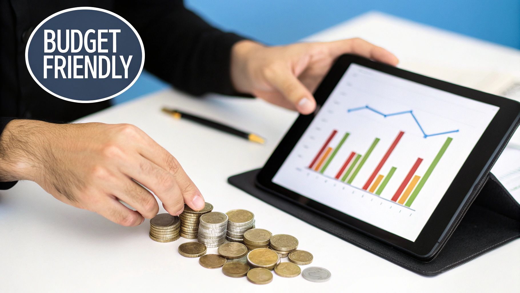 Stacking coins beside a growth chart, illustrating Shopify's budget-friendly value for small business